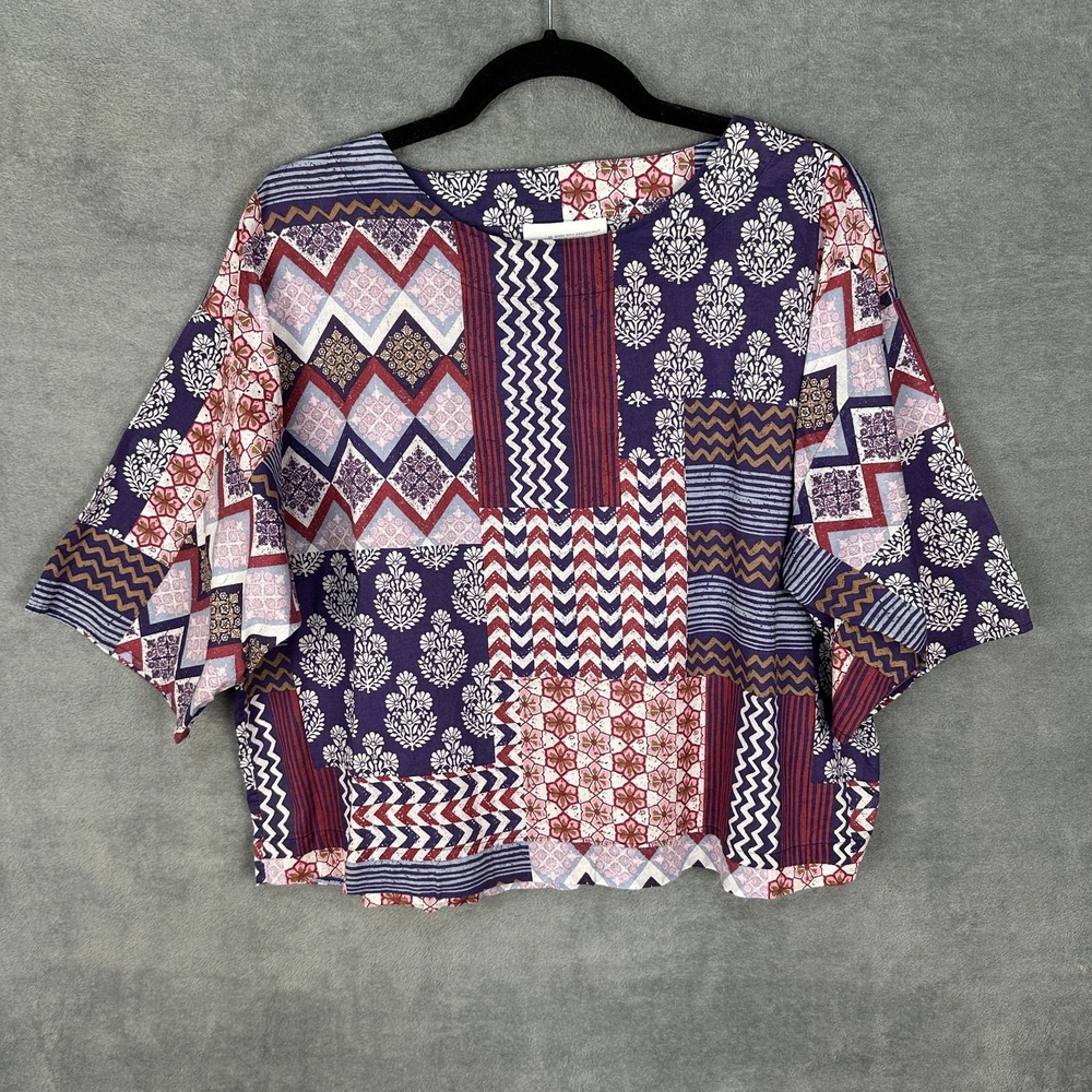 J Jill Purejill Top Womens XS Purple Floral Patchwork Organic Cotton Boho Resort
